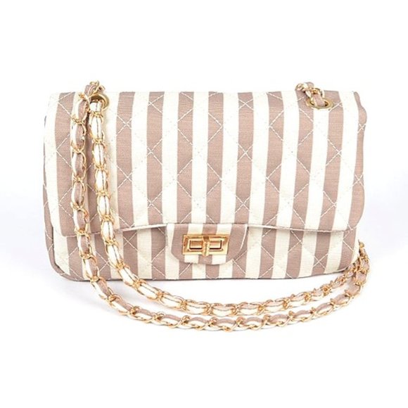 Handbags - Beige and White Quilted Stripe Shoulder Bag Clutch